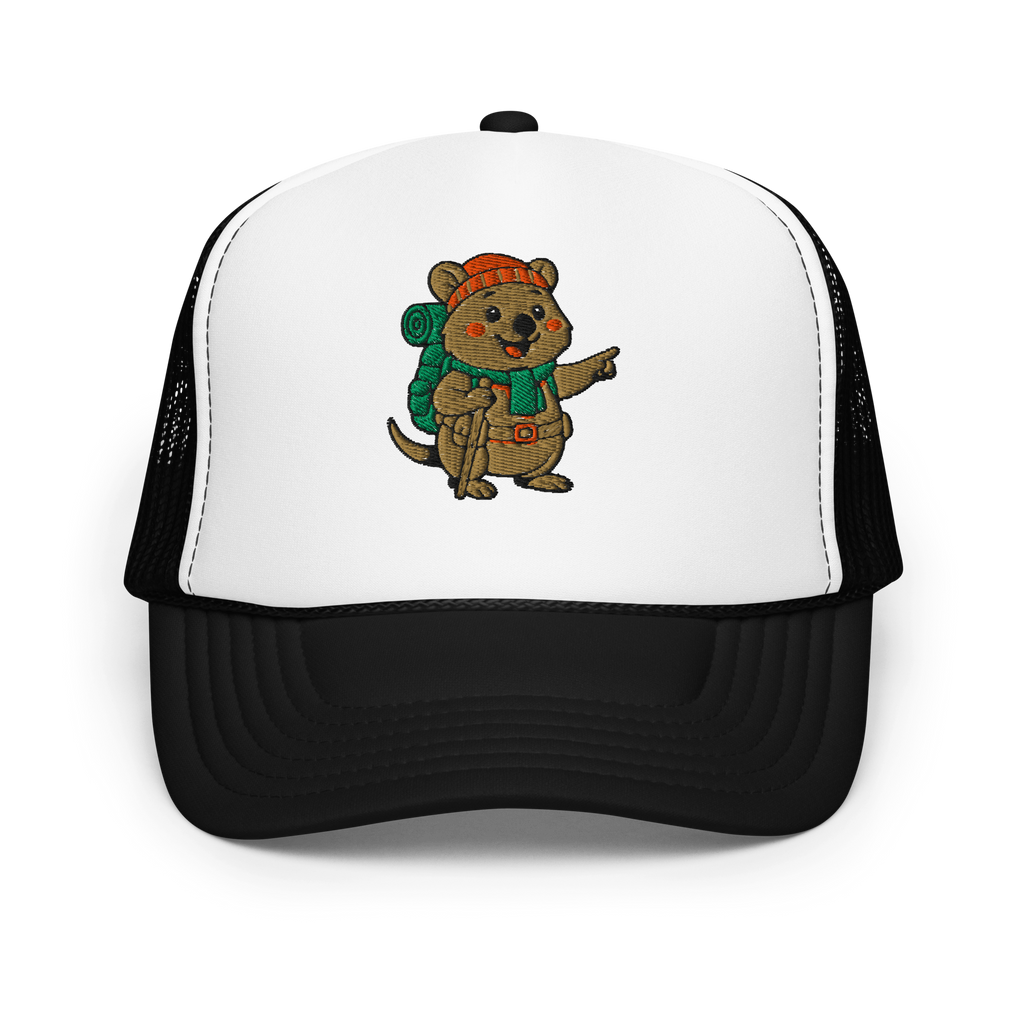 Quokka Adventure Hat front view - Black and white foam trucker hat with embroidered Scout quokka character wearing red beanie and hiking backpack